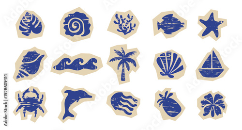 A set of blue marine and tropical elements in a distressed linocut style. Flat illustrations of beach and sea life for summer vacation design.