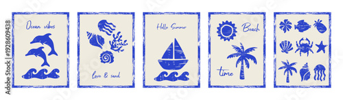 A set of blue seaside postcards or posters in a grunge style. Conceptual art for interior design themed around summer vacations and travel.