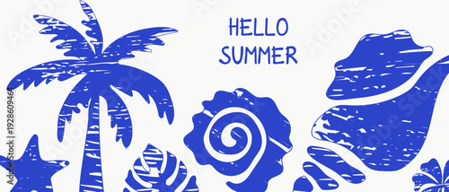 Summer nautical banner template with blue tropical leaves and palm tree texture in grunge style on a white background. Creative banner for travel and vacations.