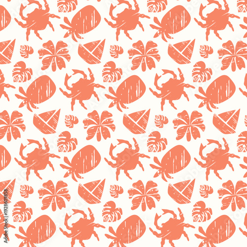 Orange crabs and tropical elements in a seamless summer pattern. Island Vacation print for beach-themed textiles, fabric design, and decor.