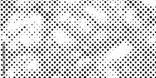 abstract black and white halftone dots pattern background with seamless gradient effect, minimalist pop art vector texture, monochrome distressed stipple aesthetic for design.
