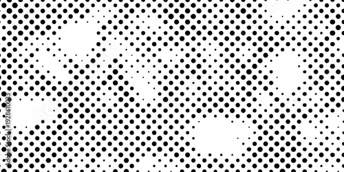 abstract black and white halftone dots pattern background with seamless gradient effect, minimalist pop art vector texture, monochrome distressed stipple aesthetic for design.