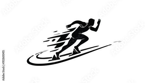 A black silhouette of a person sprinting to the right with motion lines on a white background.