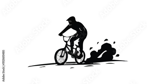 Silhouette of a cyclist riding a bicycle with a dog running alongside on a white background.
