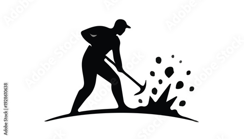 Black silhouette of a man digging with a shovel on a white background with dynamic motion.