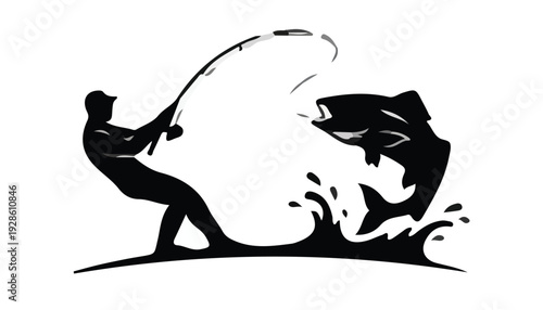 Silhouette of a man fishing with a large fish jumping out of the water, against a plain white background.