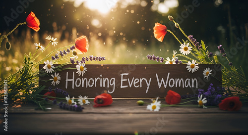 Uplifting image celebrating women with a 'Honoring Every Woman' sign, perfect for International Women's Day, Mother's Day, Women's History Month, appreciation events,