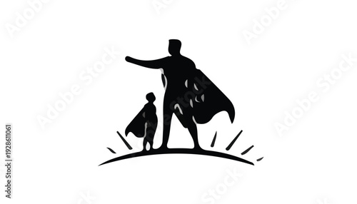 Black silhouette of a superhero and child standing on a hill with sun rays on a white background.