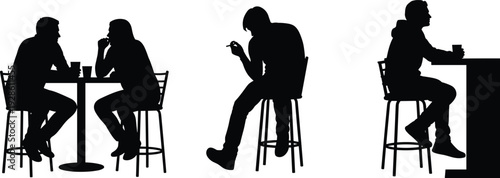People sitting at cafe table silhouette set, men and women drinking coffee isolated black vector illustration