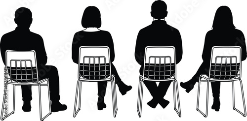 People sitting on chairs rear view silhouette collection, men and women isolated on white background vector illustration