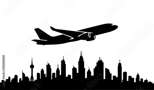 Airplane skyline silhouette travel aviation transport vector graphic