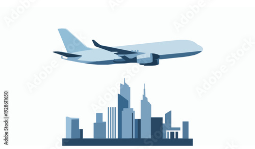 Airplane flying over city skyline travel transport vector illustration isolated on white