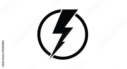 Bold black lightning bolt within a circle against a stark white background silhouette