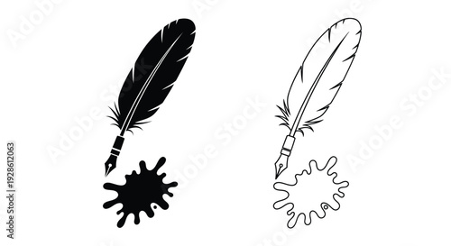 Detailed feather and ink pen illustration with a splatter presented as a silhouette