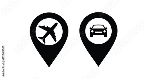 Two location pins with airplane and car icons minimalist design silhouette