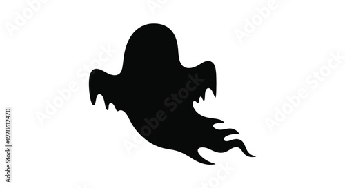 A spooky black ghost shape floats against a stark white background silhouette