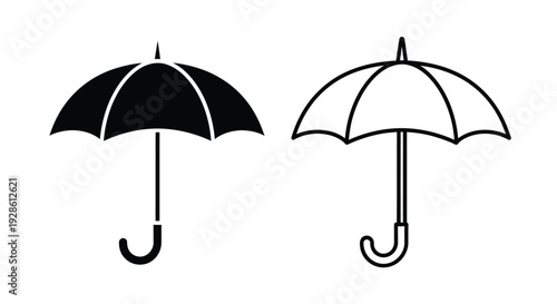 Two umbrellas depicted as black and white silhouettes against a clean white background