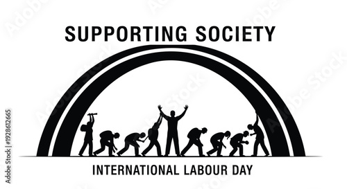 International Labour Day icon set, includes labour, work, support, society, and solidarity symbols. Created in black and white minimalist style.