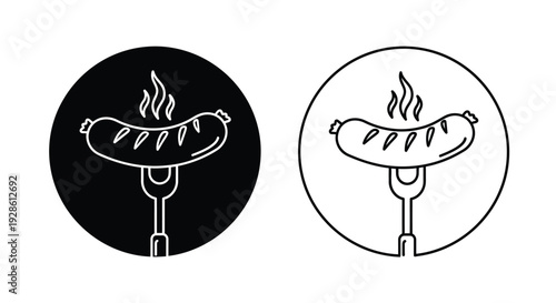 Grilled sausages on a rotisserie depicted in two contrasting circle designs silhouette