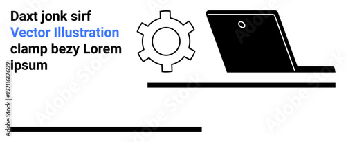 Laptop placed alongside a gear, symbolizing technology, configuration, productivity. Ideal for technology, settings, innovation, workspace, software education and a simple landing page