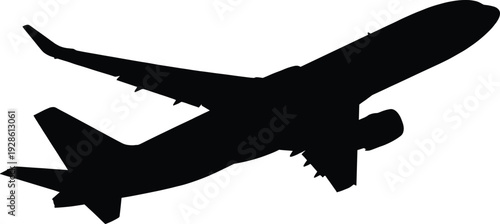 Black silhouette widebody passenger airplane in flight, commercial jet aircraft vector illustration isolated, aviation travel transport industry symbol