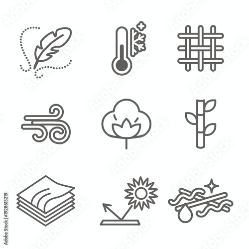 Fabric Features Icon Set with Moisture Wicking - Cotton - Bamboo - Wind Resistance