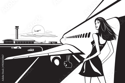 Stewardess awaiting passengers on the entrance of aircraft – vector illustration