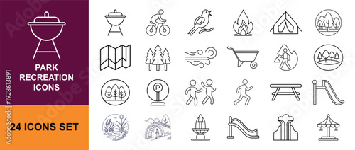 Park and Outdoor Recreation Outline Icon Set with Camping, Hiking, Playground, Lake, Carousel and Nature Symbols
