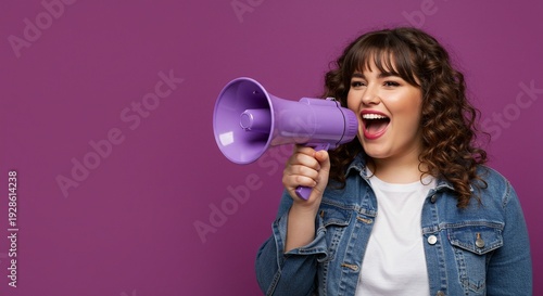 A young woman with curly hair holding a purple megaphone in front of a solid purple background.