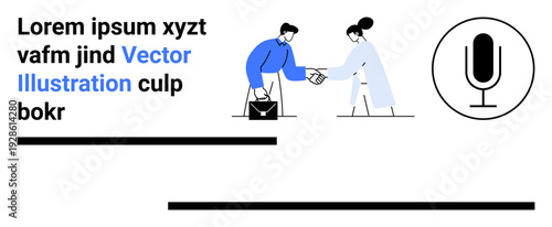 Business communication, teamwork, podcasting, remote work, agreement, creativity. Two people shaking hands with a bag on the ground. Business communication and teamwork