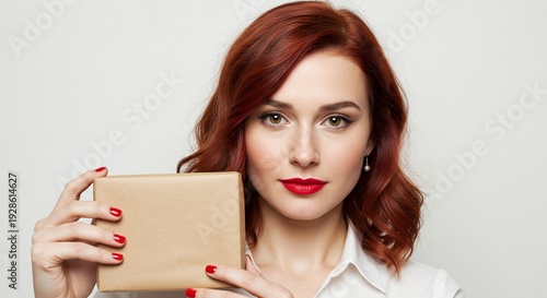 A young woman with red hair and red lipstick holding a small beige box in front of her face.
