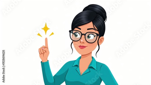 Smart Woman with Glasses Points Finger Idea Sparkle Businesswoman.