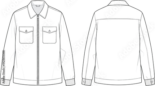 Utility jacket mockup front and back view, zip up workwear apparel template isolated on white background