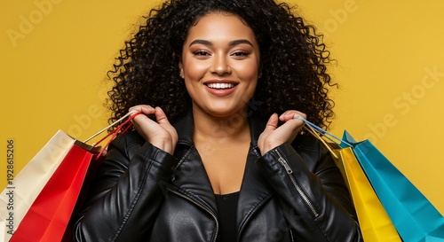 A smiling woman with curly hair holding colorful shopping bags on a yellow background