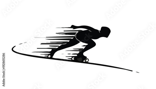Silhouette of a skateboarder in motion against a white background with motion lines.