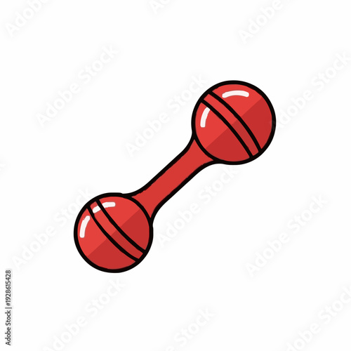 A simplified cartoon illustration of a bright red dumbbell with rounded ends and a central bar isolated on a white background, representing fitness and exercise equipment in a clean graphic style.