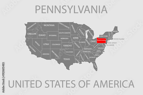 Pensylvania State, USA, vector map isolated on United states map. Editable blank vector map of USA.