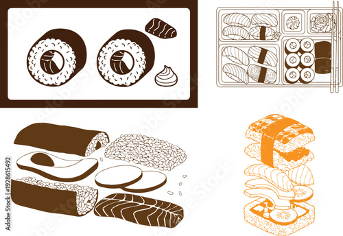 Variety of sushi rolls isolated on transparent background