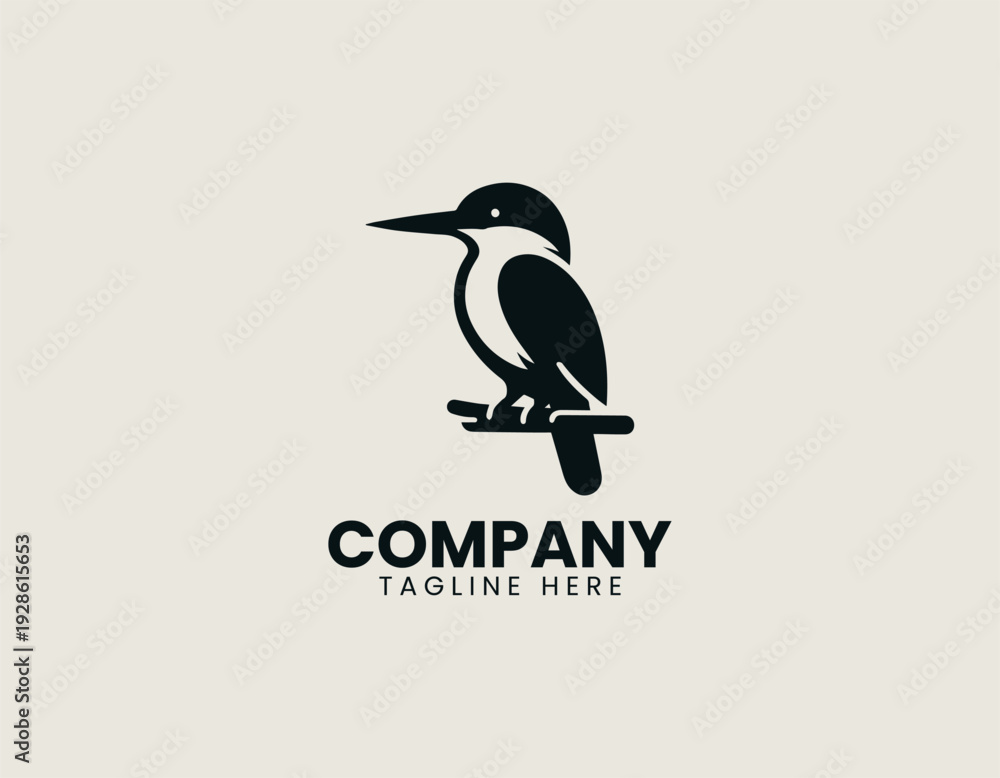 Fototapeta premium Kingfisher bird perched on branch in clean modern wildlife mascot vector illustration
