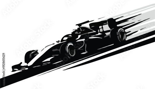 Black silhouette of a speeding race car on a white background with motion blur effect.