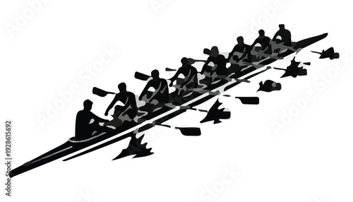 Silhouette of a rowing team in a long boat on water with oars, against a white background.