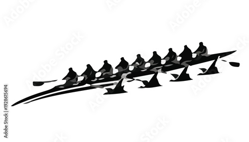 Silhouette of a rowing team with eleven people paddling in unison on calm water against a plain white background.