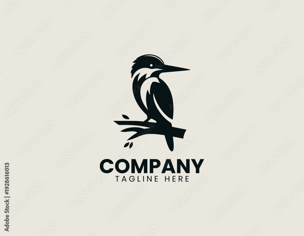 Obraz premium Kingfisher bird perched on branch in clean modern wildlife mascot vector illustration