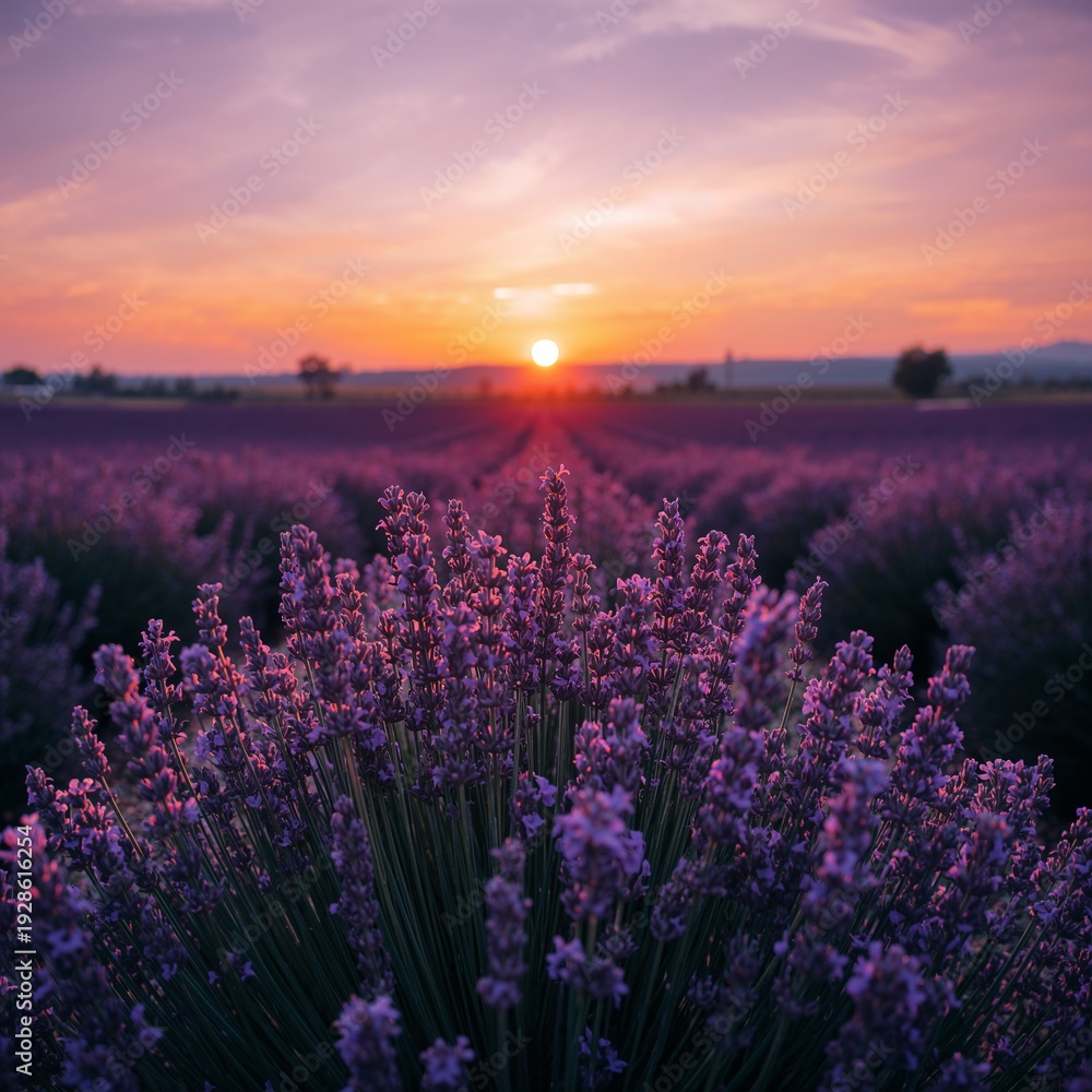 Naklejka premium lavender field at sunset
