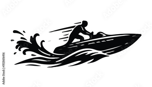 A person riding a jet ski with motion lines on water in a minimalist black silhouette against a white background.