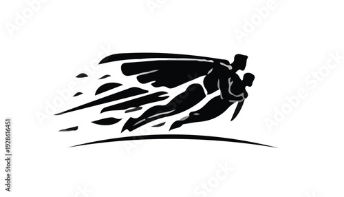 A black silhouette of a flying cicada with motion lines on a white background, conveying speed and dynamic movement.