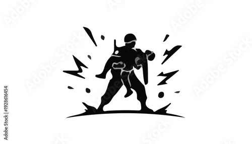 Black silhouette illustration of a man carrying another person with motion lines and abstract shapes on a white background.