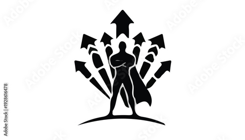 Black silhouette of a confident businessperson standing with arms crossed surrounded by multiple upward-pointing arrows on a white background.