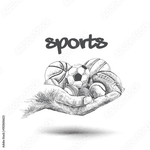 Hand hold Collection of balls, sports balls, Hand Drawn Sketch Vector Background.