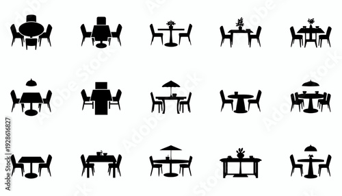 Collection of 12 unique black dining table icons arranged in one balanced square frame. Minimalist furniture silhouettes featuring round table top view, rectangular family table
